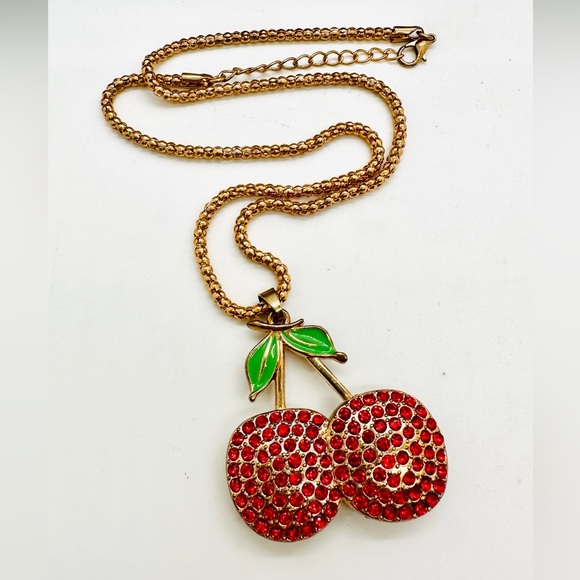Retro Red Rhinestone Cherry Pendant Necklace - Picture 9 of 14